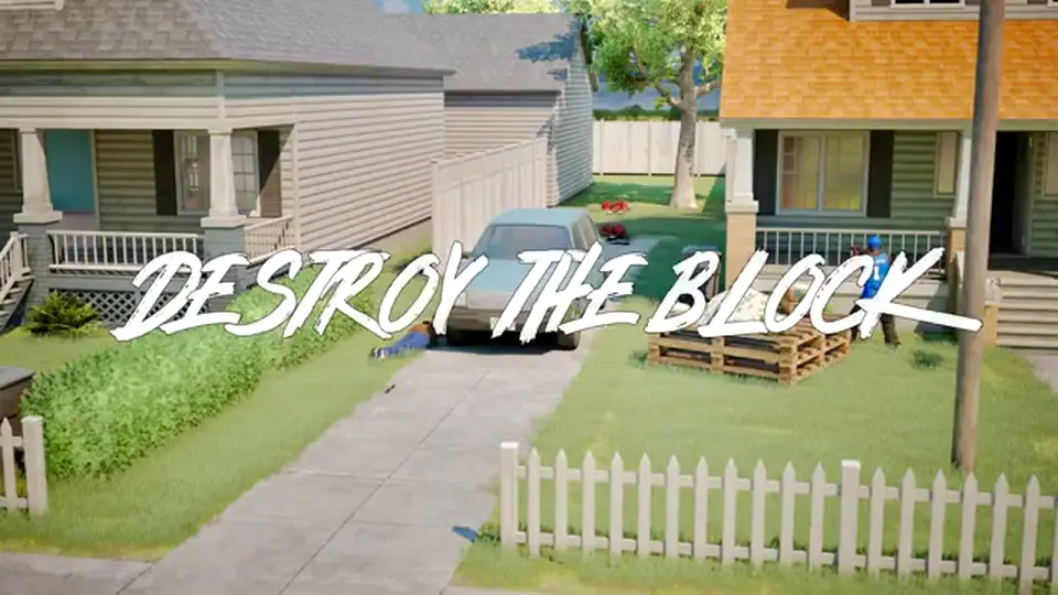Destroy The Block title card over a suburban house and driveway