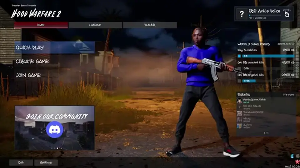 Hood Warfare 2 main menu with Play, Loadout, and a rifle on the operator