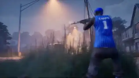 Crips jersey firing a rifle on a foggy Hood Warfare 2 street